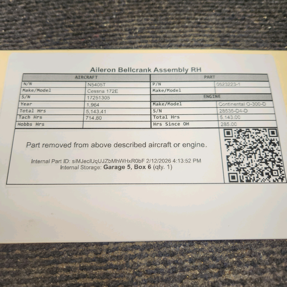 Used aircraft parts for sale, 0523223-1 Cessna 172E Aileron Bellcrank Assembly RH