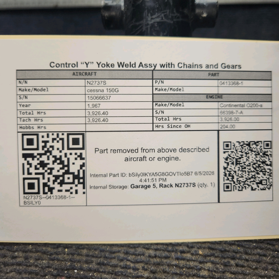 Used aircraft parts for sale, 0413368-1 cessna 150G Control “Y” Yoke Weld Assy with Chains and Gears