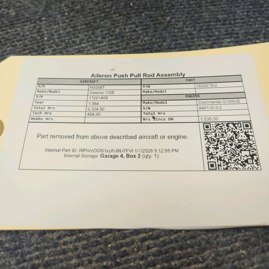 Used aircraft parts for sale, 0523218-2 Cessna 172E Aileron Push Pull Rod Assembly