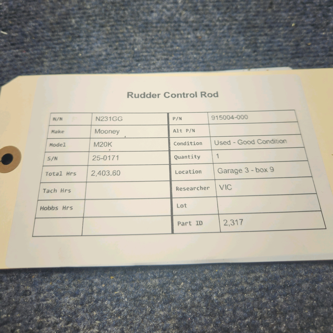 Used aircraft parts for sale, 915004-000 Mooney M20K RUDDER CONTROL ROD