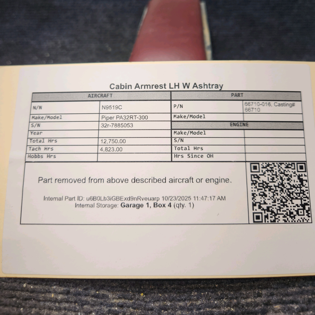 Used aircraft parts for sale, 66710-016 Piper PA32RT-300 Cabin Armrest with Ashtray - LH