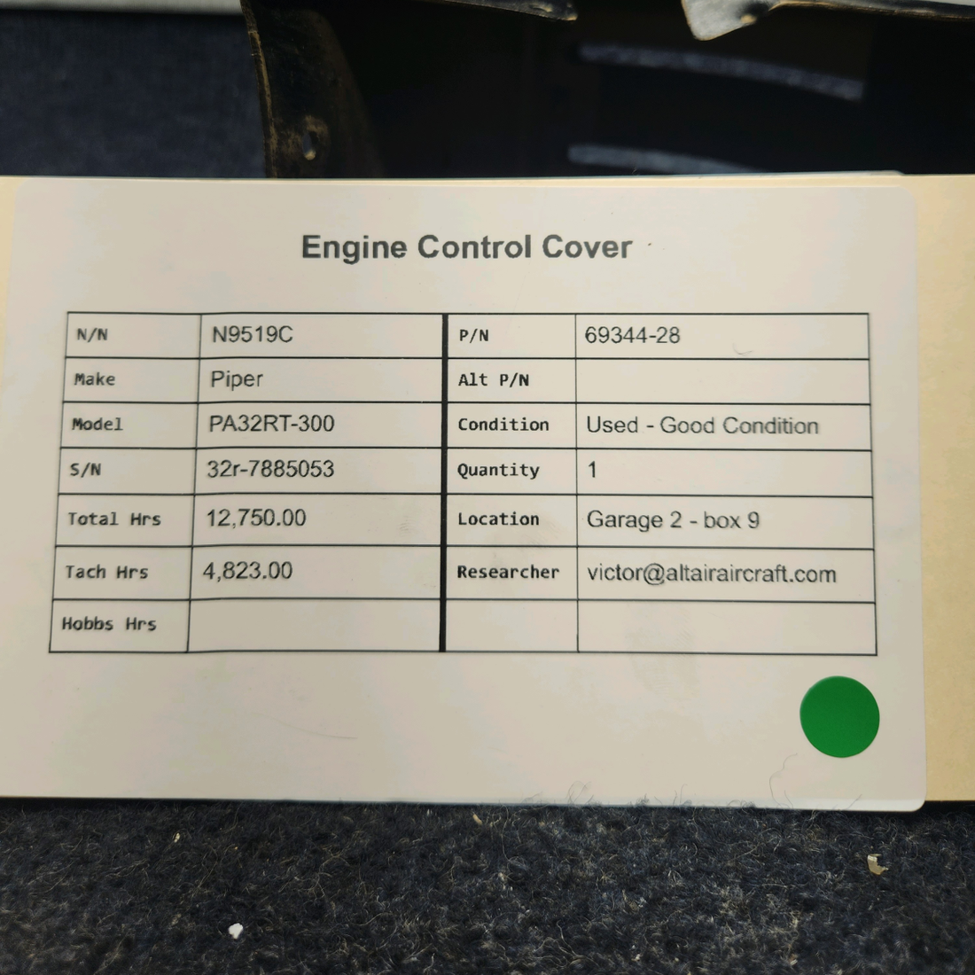 Used aircraft parts for sale, 69344-28 Piper PA32RT-300 ENGINE CONTROL COVER