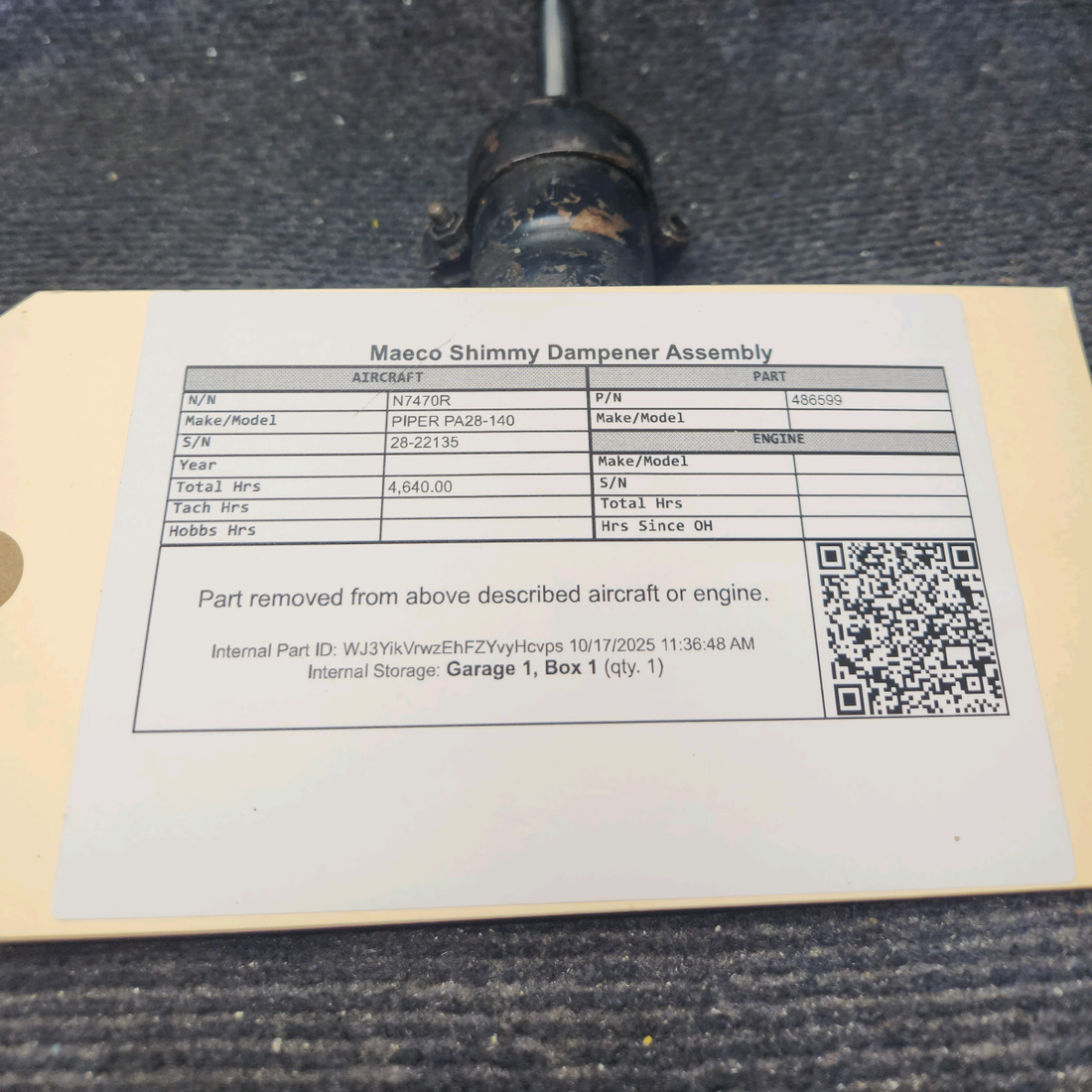 Used aircraft parts for sale, 486599 Maeco PIPER PA28-140 Shimmy Dampener Assembly