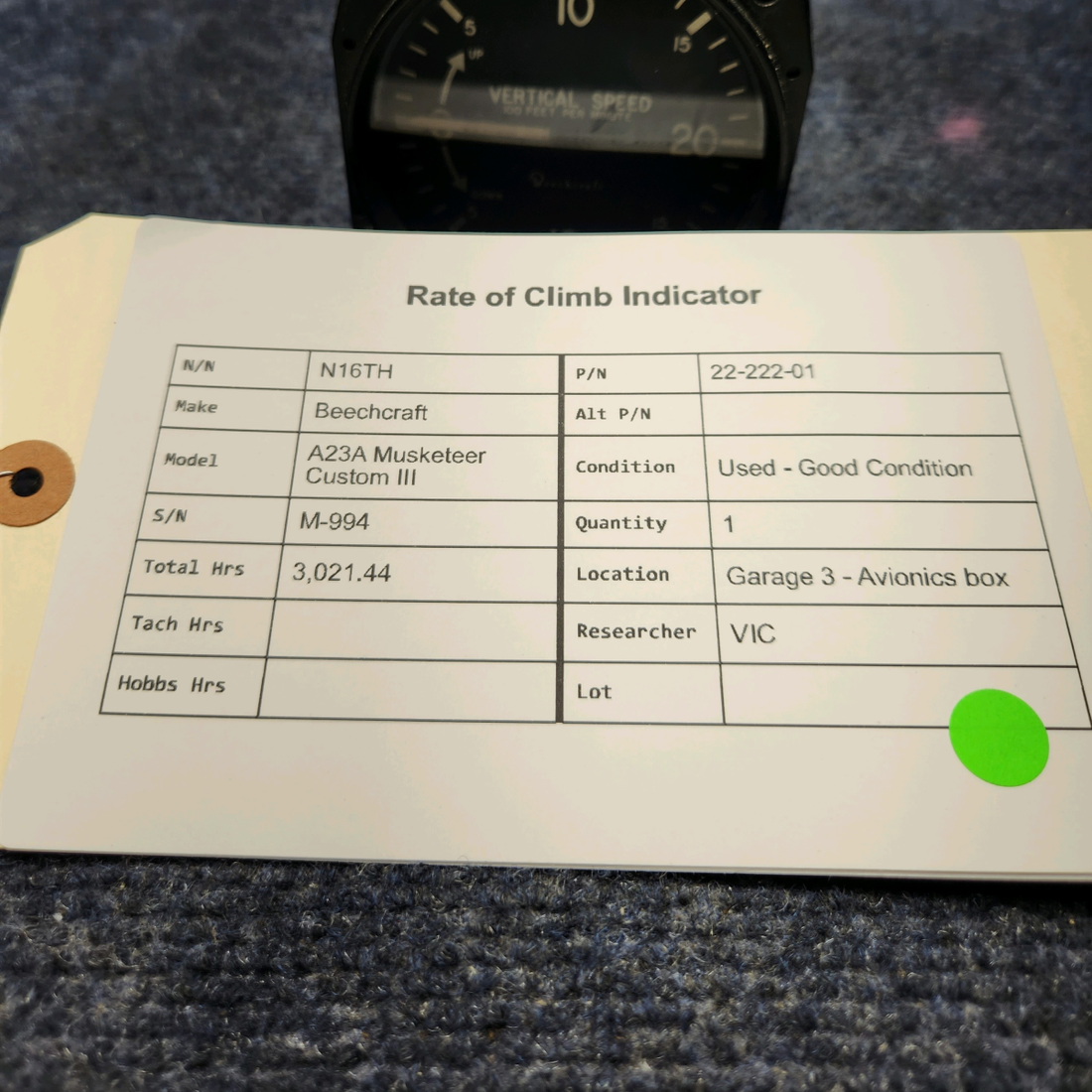 Used aircraft parts for sale, 22-222-01 Beechcraft Beechcraft A23A Musketeer Custom III RATE OF CLIMB INDICATOR