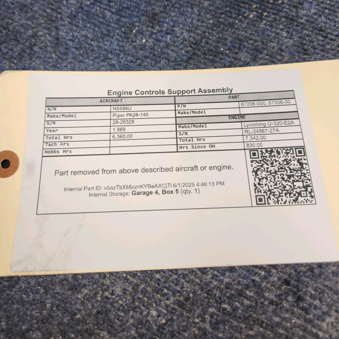 Used aircraft parts for sale, 67206-000 Piper PA28-140 Engine Controls Support Assembly