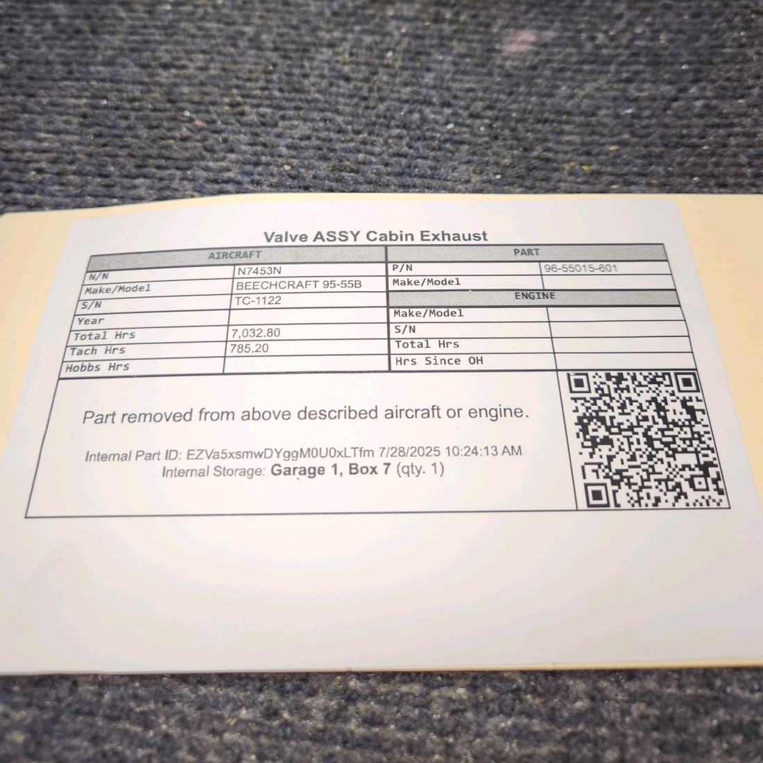 Used aircraft parts for sale, 96-55015-601 BEECHCRAFT 95-55B Cabin Exhaust Valve Assembly