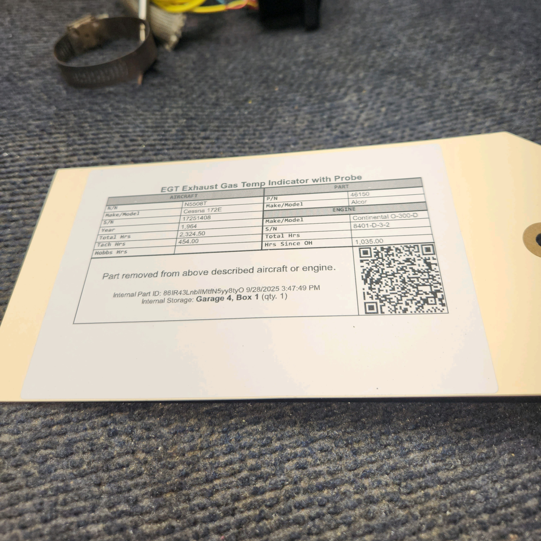 Used aircraft parts for sale, 46150 Alcor Cessna 172E EGT Exhaust Gas Temp Indicator with Probe