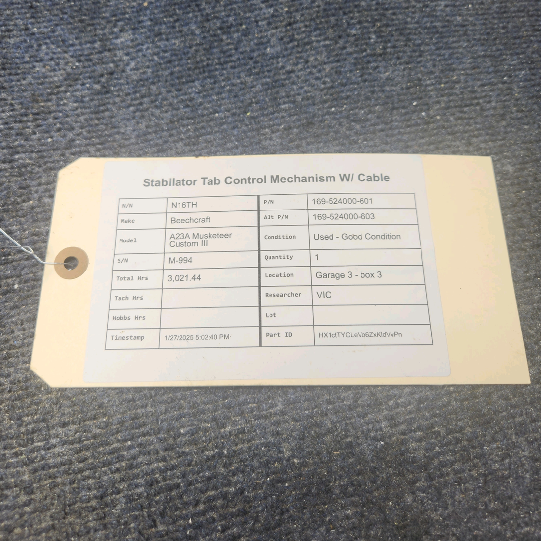 Used aircraft parts for sale, 169-524000-601 Beechcraft A23A Musketeer Custom III STABILATOR TAB CONTROL MECHANISM W/ CABLE