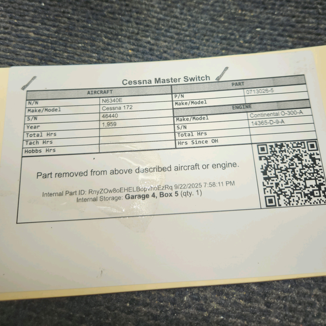 Used aircraft parts for sale, 0713026-5 Cessna 172 Master Switch