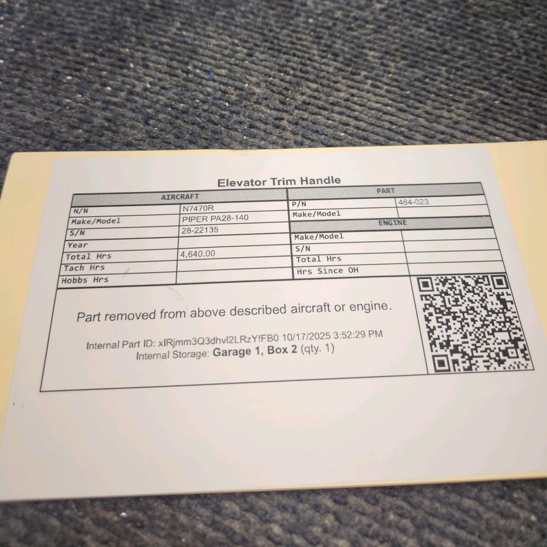 Used aircraft parts for sale, 464-023 PIPER PA28-140 Elevator Trim Handle