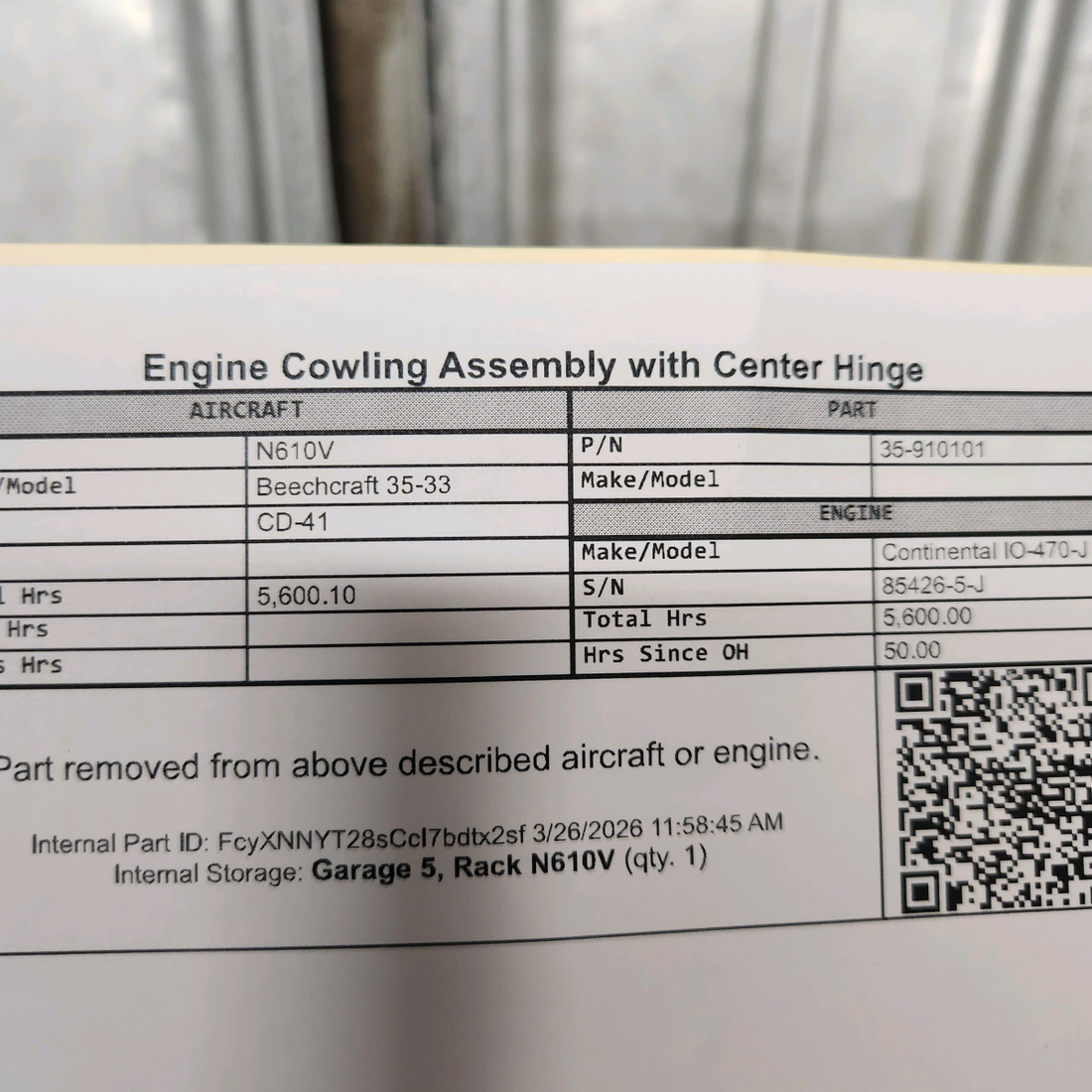 Used aircraft parts for sale, 35-910101 Beechcraft 35-33 Engine Cowling Assembly with Center Hinge
