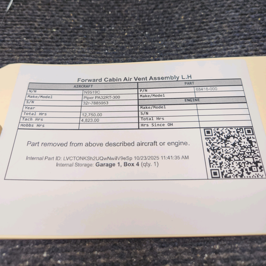 Used aircraft parts for sale, 68416-000 Piper PA32RT-300 Forward Cabin Air Vent Valve Assembly - LH