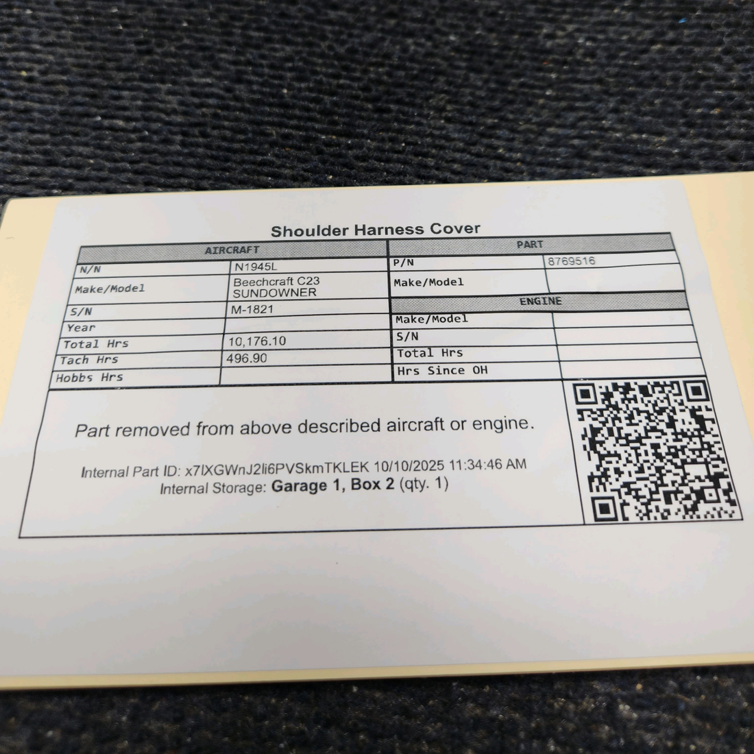 Used aircraft parts for sale, 8769516 Beechcraft C23 SUNDOWNER Shoulder Harness Cover