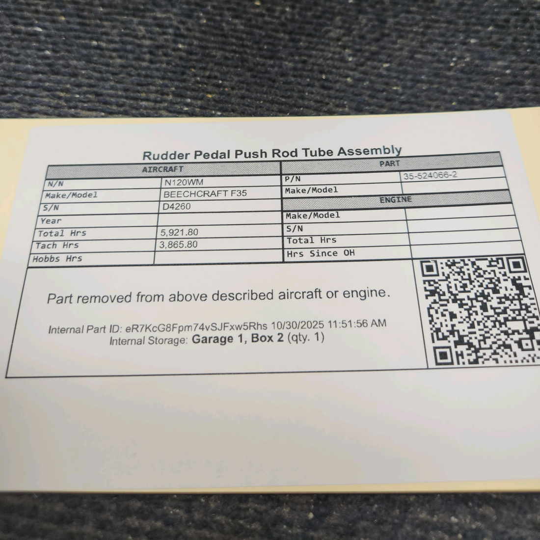 Used aircraft parts for sale, 35-524066-2 BEECHCRAFT F35 Rudder Pedal Push Rod Tube Assembly
