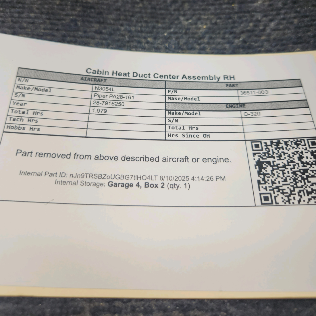 Used aircraft parts for sale, 36511-003 Piper PA28-161 Cabin Heat Duct Center Assembly - RH