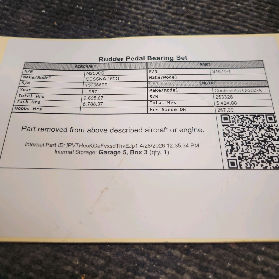 Used aircraft parts for sale, S1674-1 cessna 150G Rudder Pedal Bearing Set