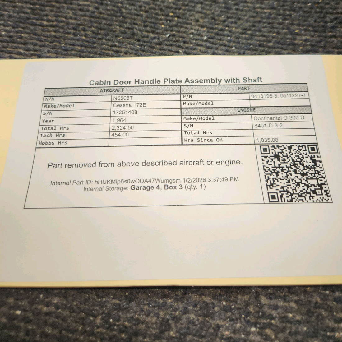 Used aircraft parts for sale, 0413195-3, 0511227-7 Cessna 172E Cabin Door Handle Plate Assembly with Shaft