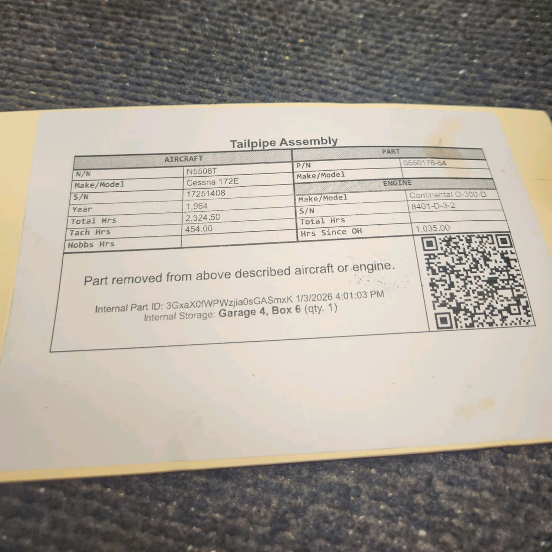 Used aircraft parts for sale, 0550176-54 Cessna 172E Tailpipe Assembly