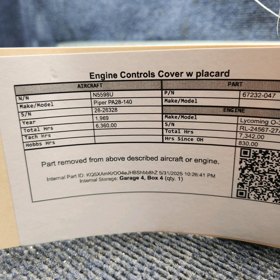 Used aircraft parts for sale, 67232-047 Piper PA28-140 Engine Controls Cover w/ Placard