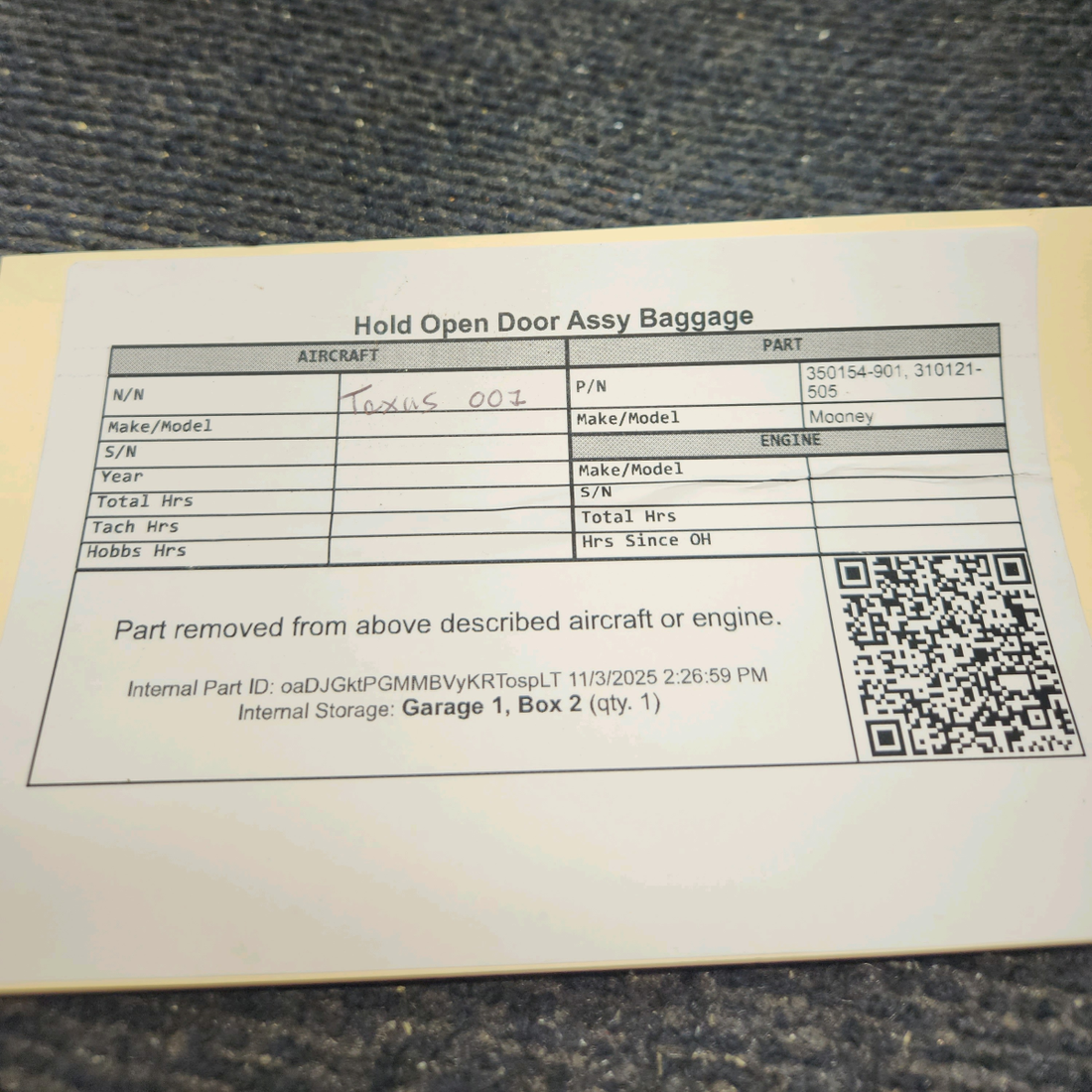 Used aircraft parts for sale, 350154-901 Mooney M20J-M20K Hold Open Door Assy Baggage