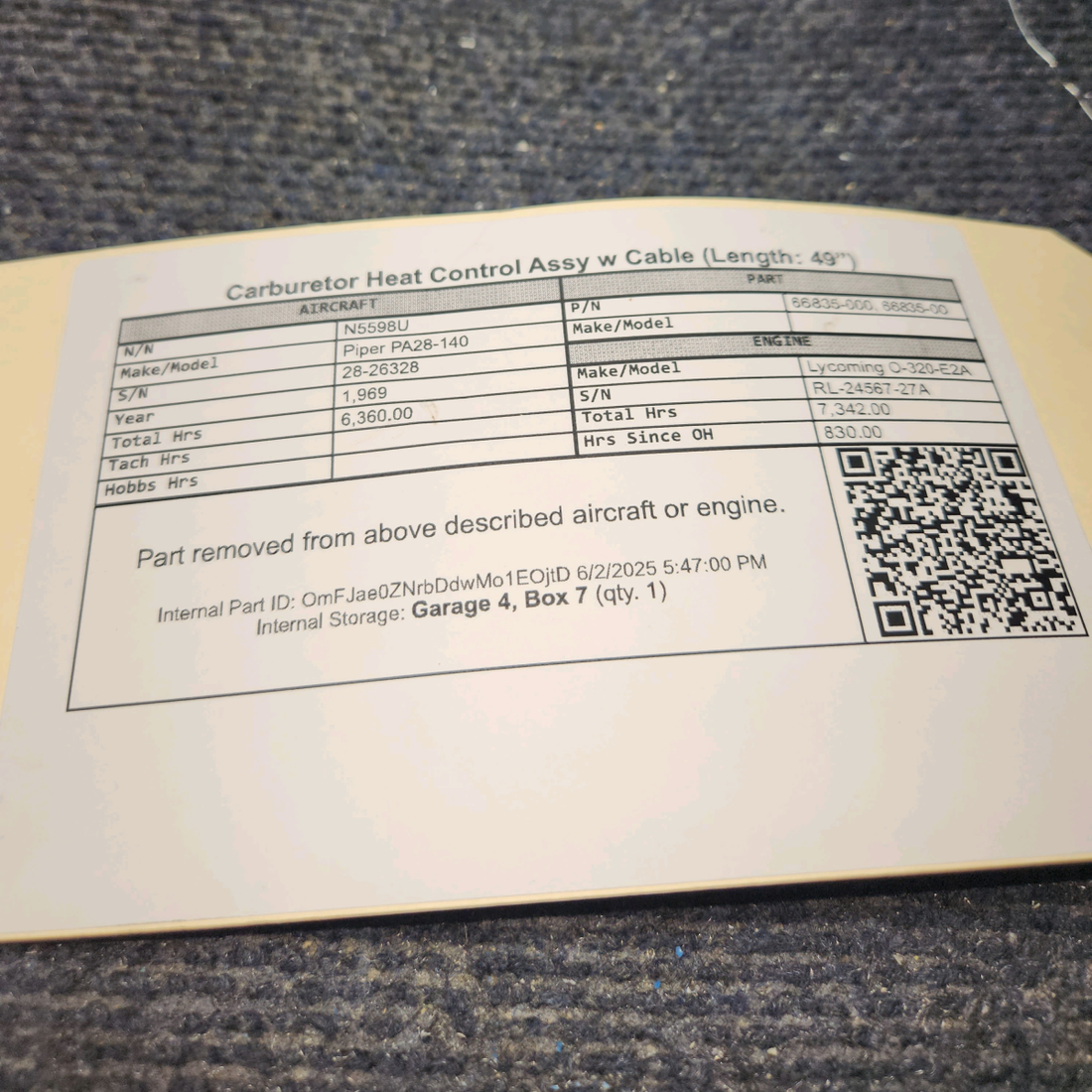 Used aircraft parts for sale, 66835-000 Piper PA28-140 Carburetor Heat Control Assy w Cable (Length: 49”)
