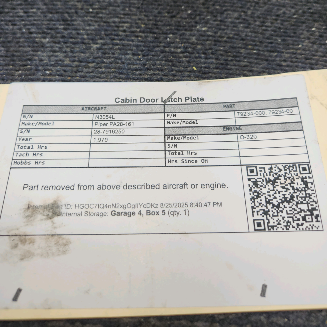 Used aircraft parts for sale, 79234-000 Piper PA28-161 Cabin Door Latch Plate