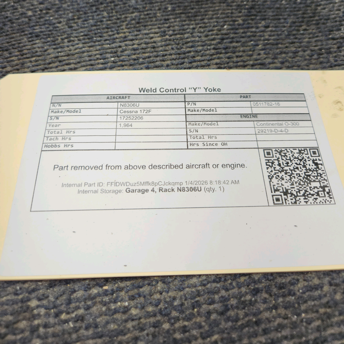 Used aircraft parts for sale, 0511782-16 Cessna 172F Weld Control “Y” Yoke