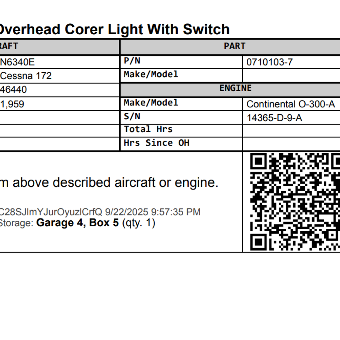 Used aircraft parts for sale, 0710103-7 Cessna 172 Overhead Corer Light With Switch