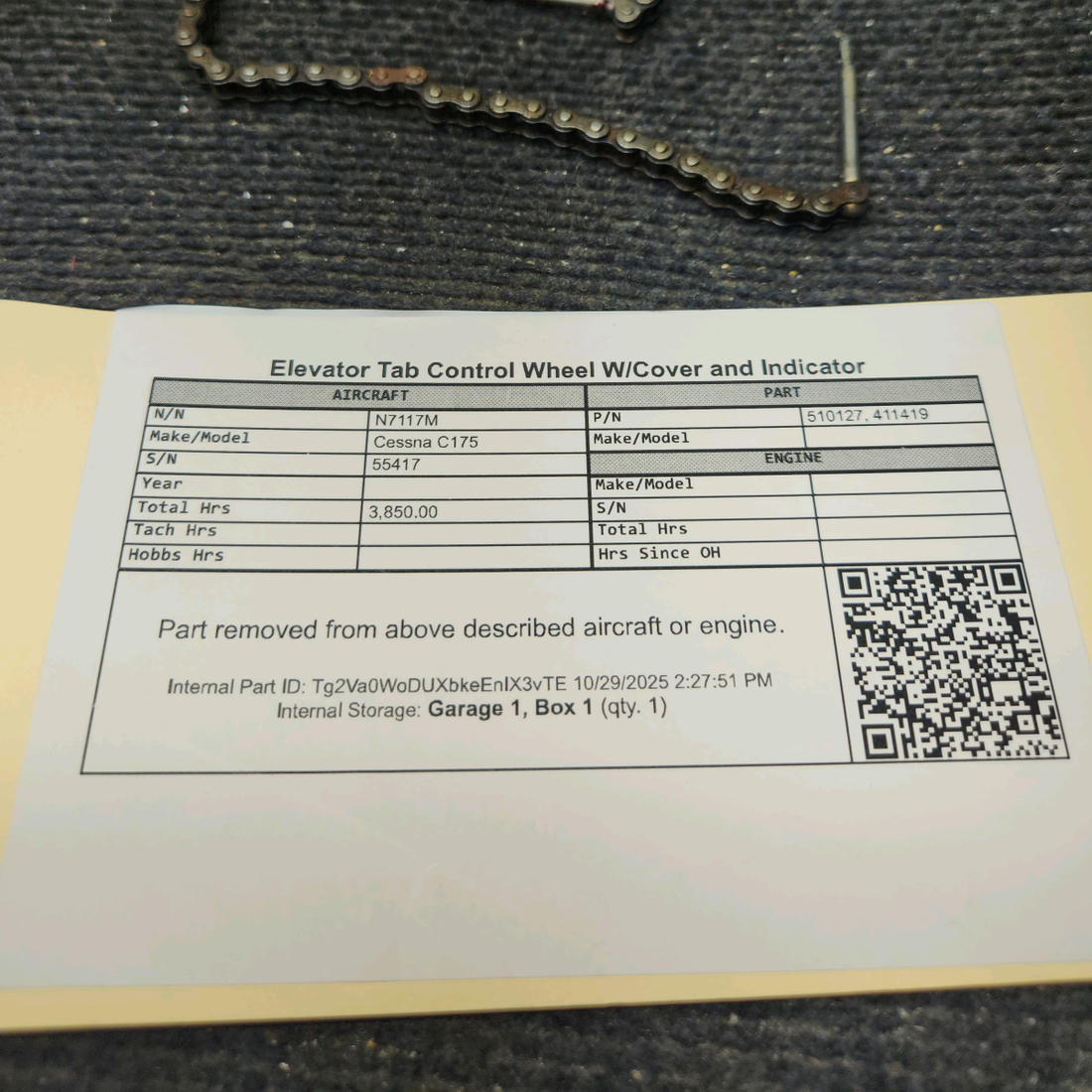 Used aircraft parts for sale, 0510127 Cessna C175 Elevator Tab Control Wheel W/Cover and Indicator