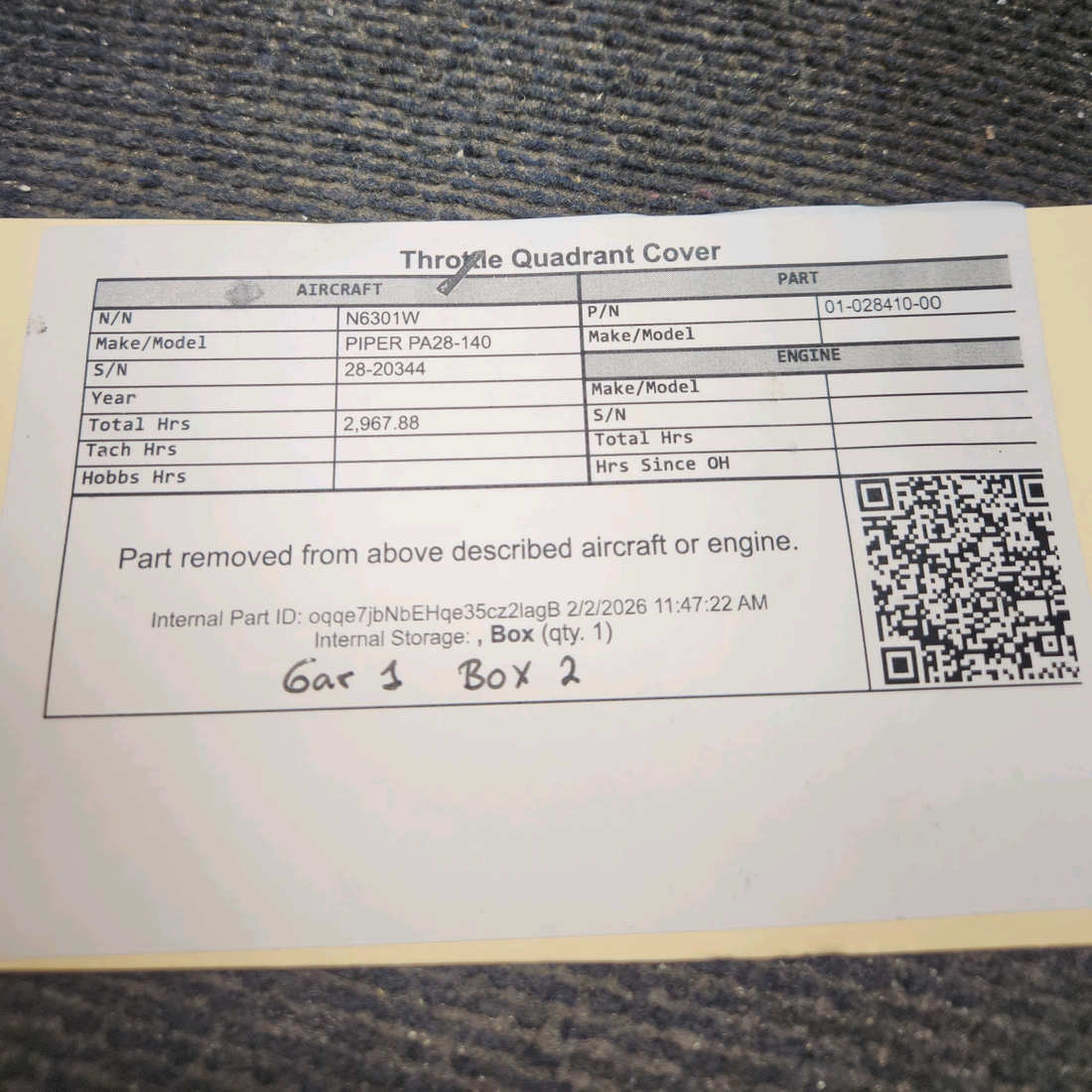 Used aircraft parts for sale, 01-028410-00 PIPER PA28-140 Throttle Quadrant Cover