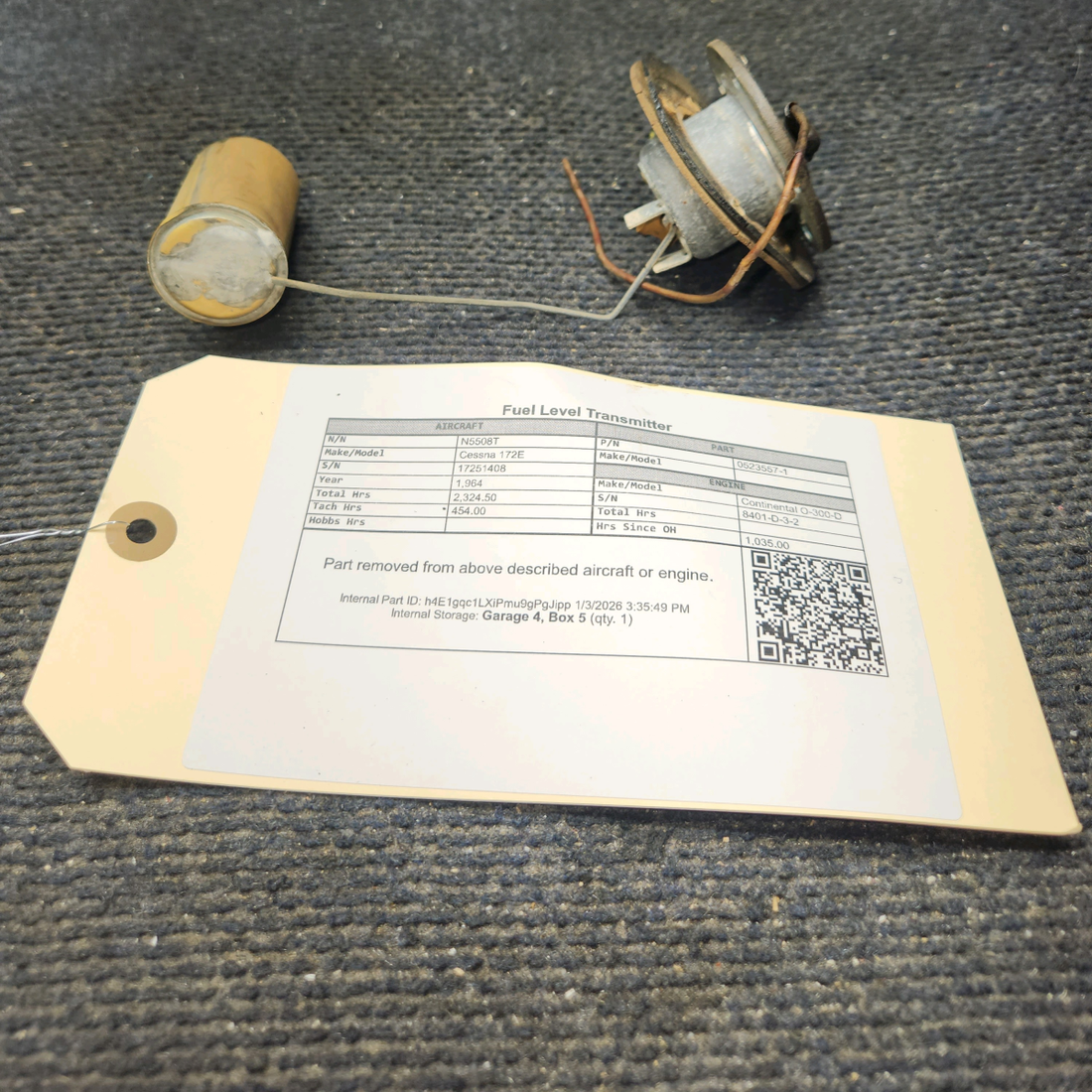 Used aircraft parts for sale, 0523557-1 Cessna 172E Fuel Level Transmitter