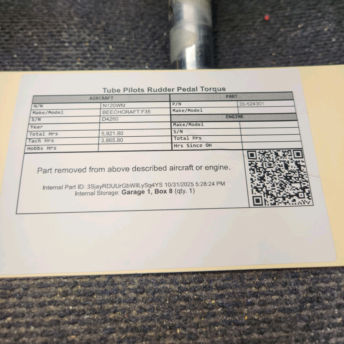 Used aircraft parts for sale, 35-524301 BEECHCRAFT F35 Pilots Rudder Pedal Torque Tube