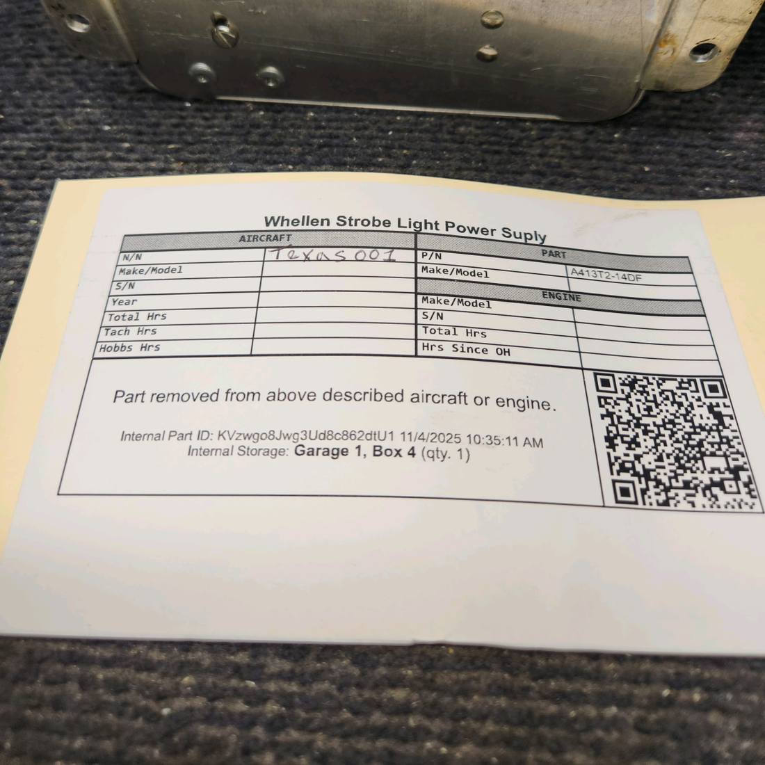 Used aircraft parts for sale, A413T2-14DF Whelen A413, T2-14-DF Strobe Light Power Supply 12V