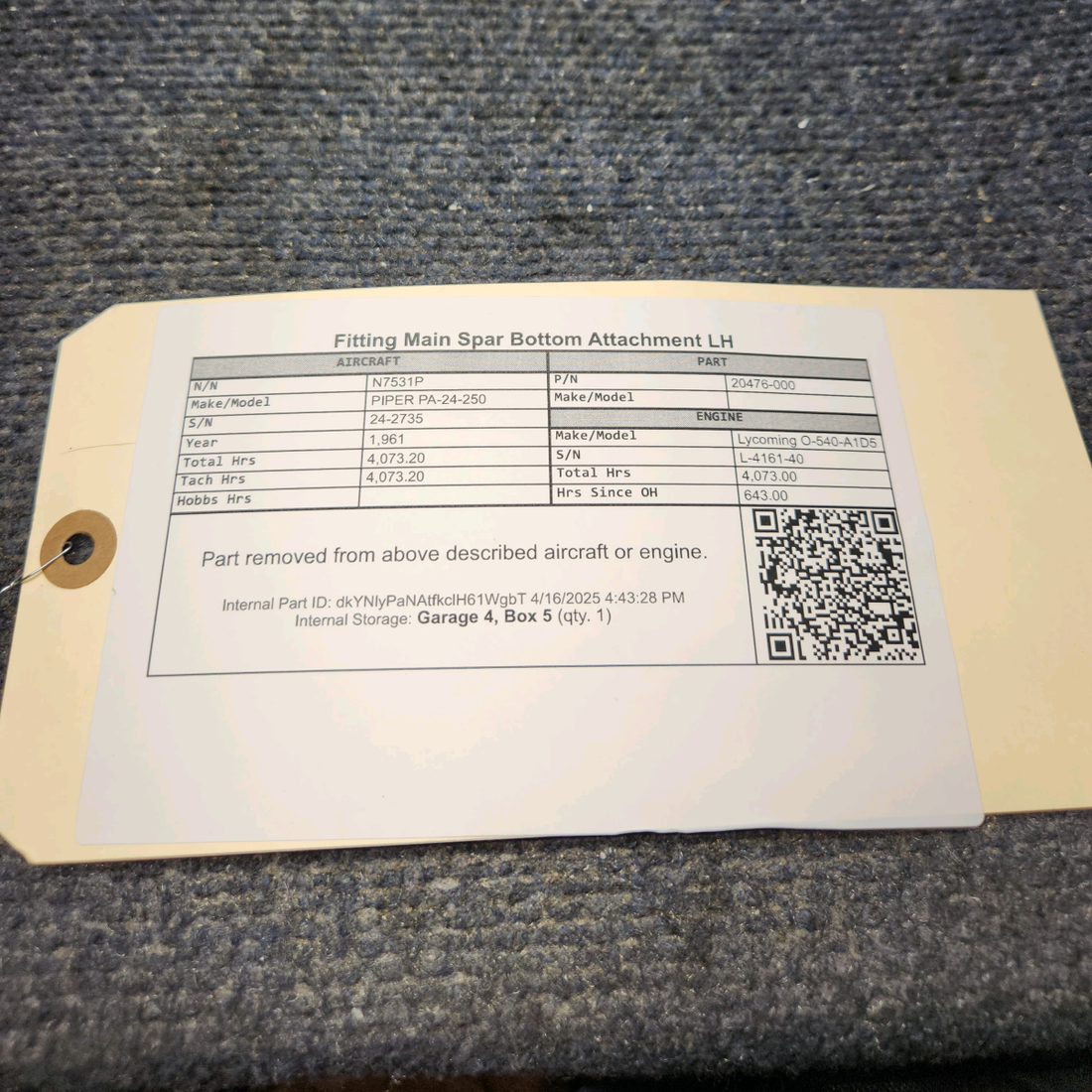 Used aircraft parts for sale, 20476-000 PIPER PA-24-250 Fitting Main Spar Bottom Attachment LH