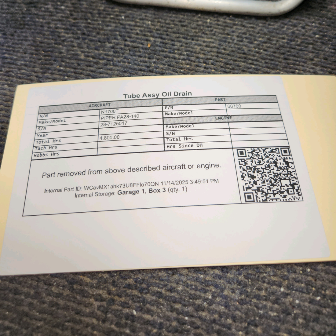 Used aircraft parts for sale, 68760 Lycoming O-320 PIPER PA28-140 Tube Assy Oil Drain