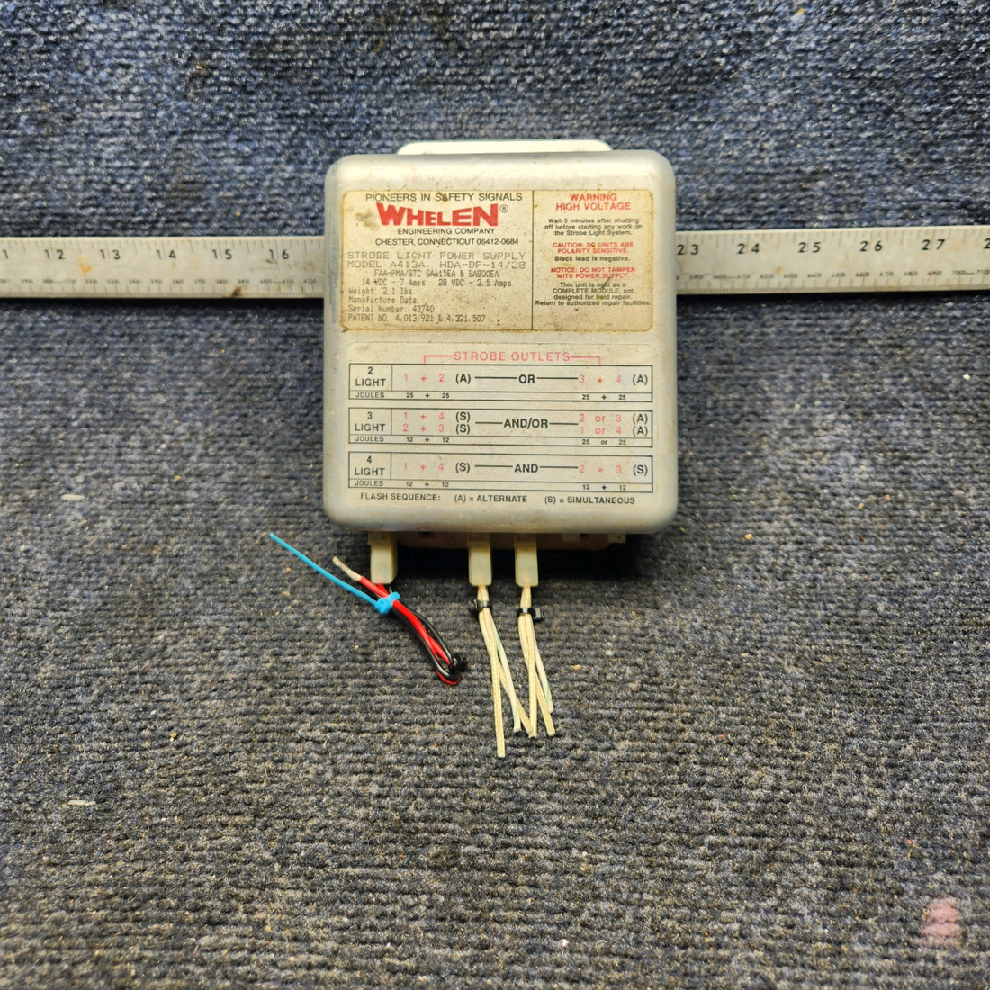 Used aircraft parts for sale, A413A, HAD-DF-14/28 WHELEN Beechcraft A24R Strobe Light Power Supply Unit (Volts:14/28)