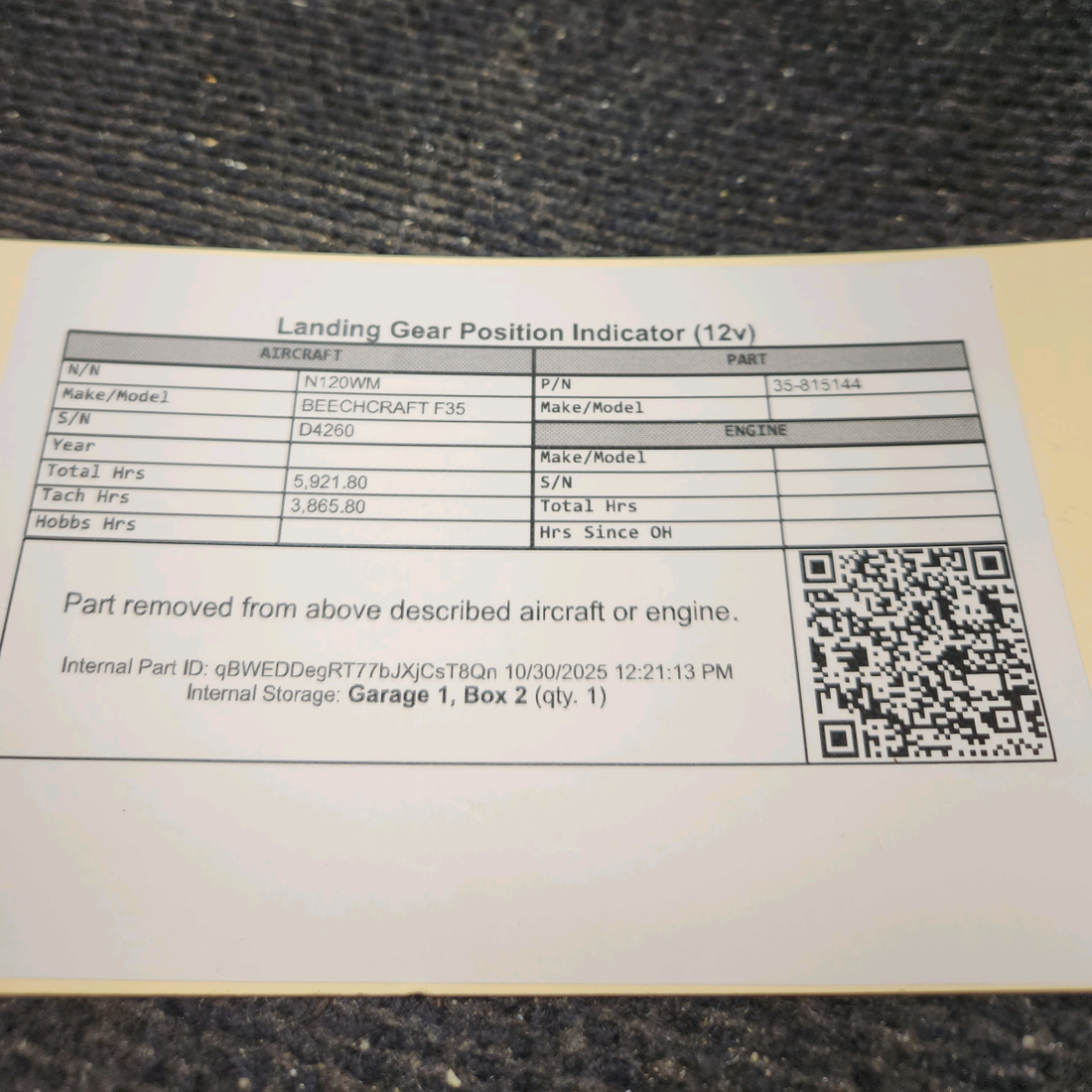 Used aircraft parts for sale, 35-815144 BEECHCRAFT F35 Landing Gear Position Indicator – 12V