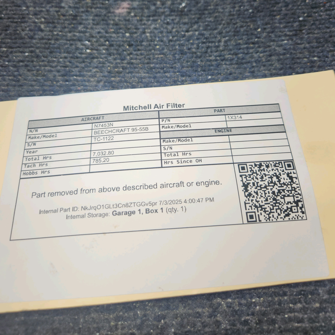 Used aircraft parts for sale, 1X314 Mitchell BEECHCRAFT 95-55B Air Filter