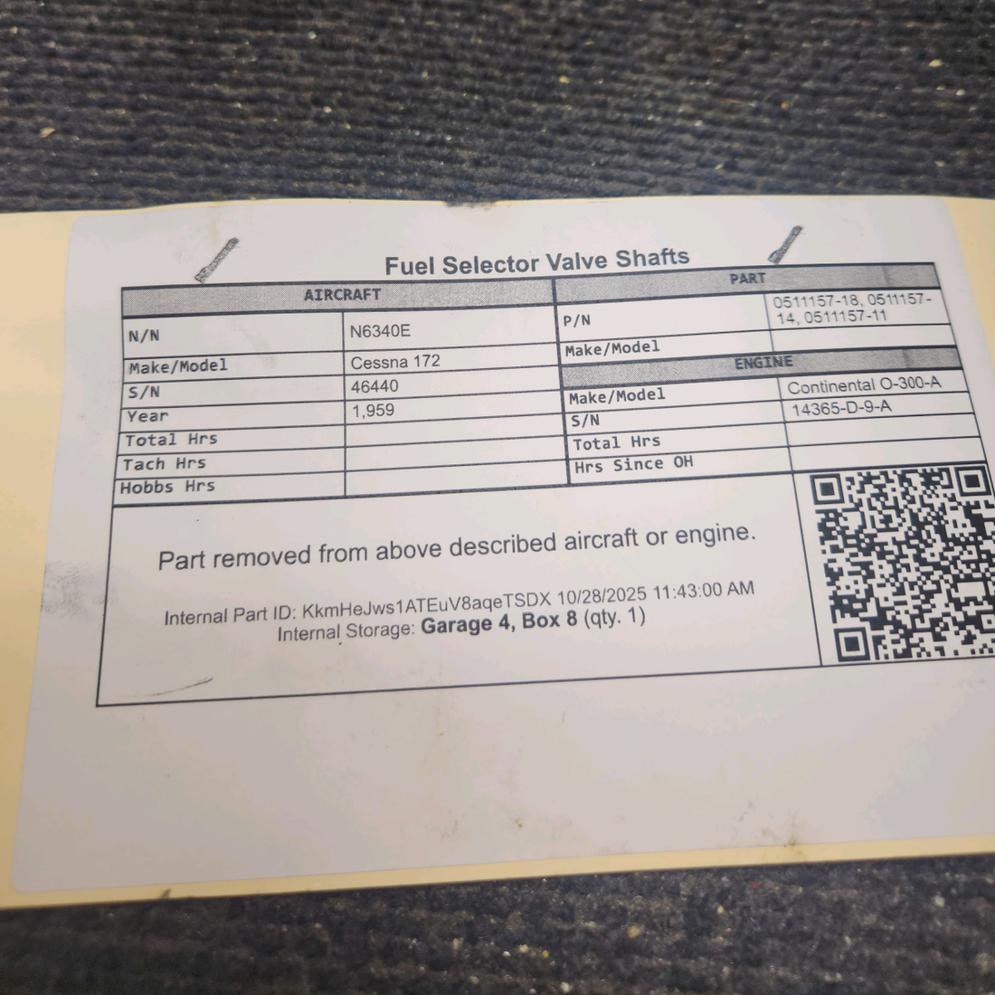 Used aircraft parts for sale, 0511157-18 Cessna 172 Fuel Selector Valve Shafts