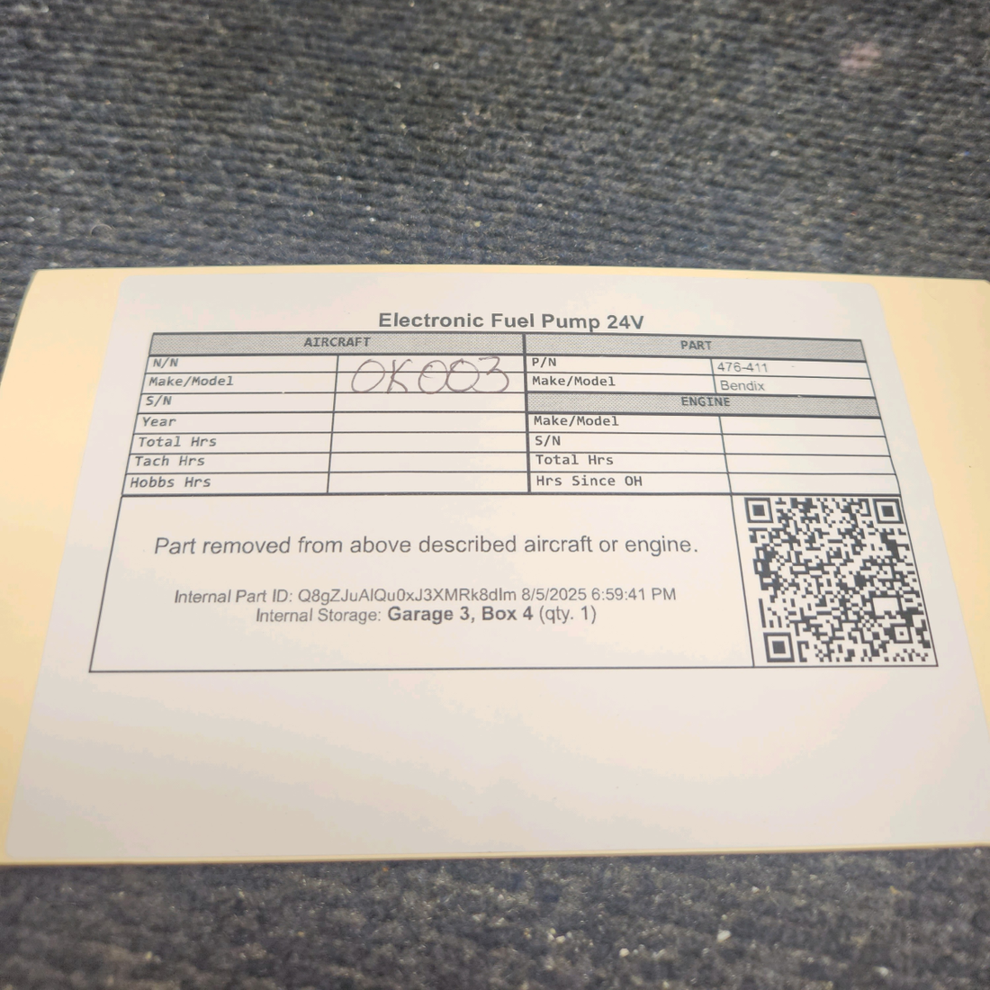 Used aircraft parts for sale, 476-411 Bendix Electronic Fuel Pump 24V