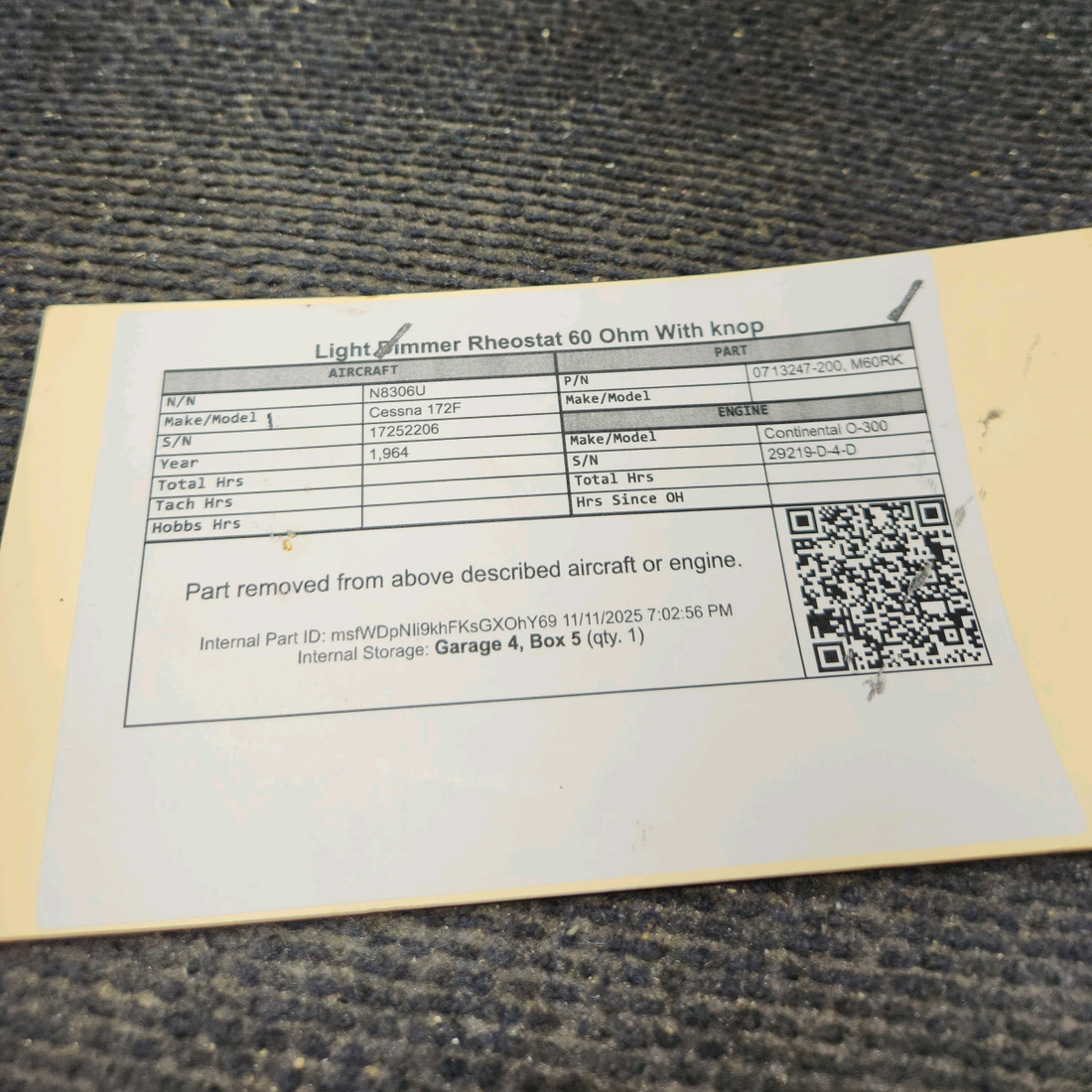 Used aircraft parts for sale, 0713247-200 Cessna 172F Light Dimmer Rheostat – 60 Ohm with Knob