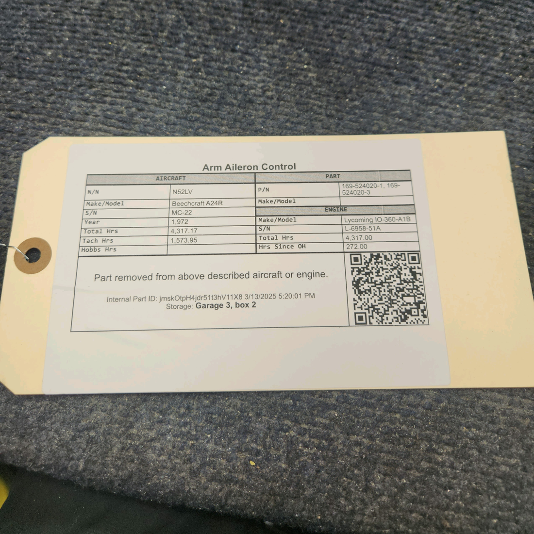 Used aircraft parts for sale, 169-524020-1 Beechcraft A24R Arm Aileron Control