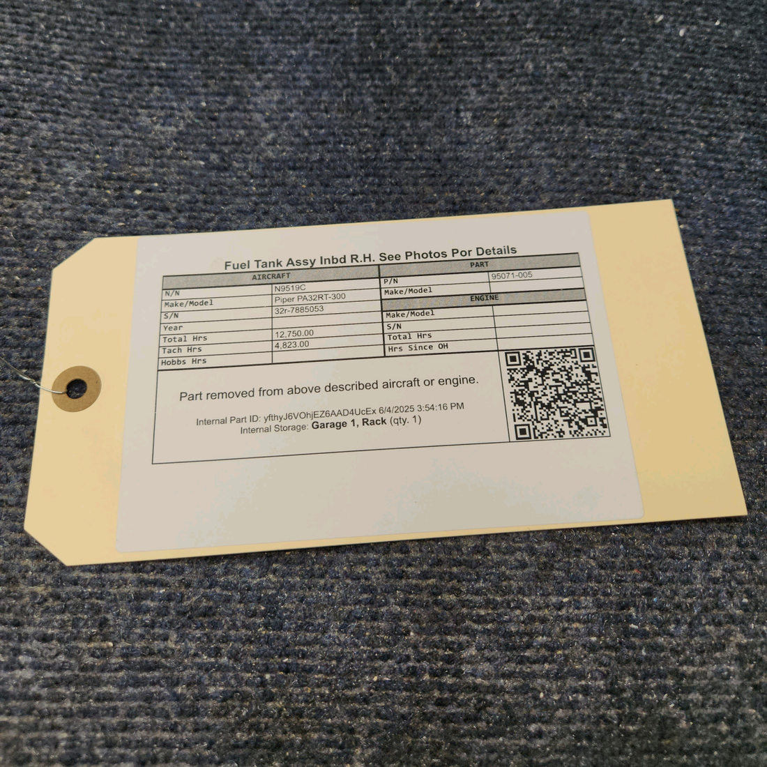 Used aircraft parts for sale, 95071-005 Piper PA32RT-300 Fuel Tank Assy Inboard - RH -See Photos Por Details