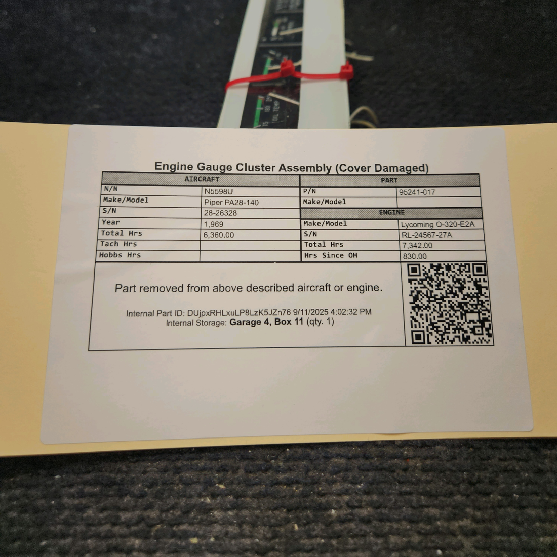 Used aircraft parts for sale, 95241-017 Piper PA28-140 Engine Gauge Cluster Assembly (Cover Damaged)