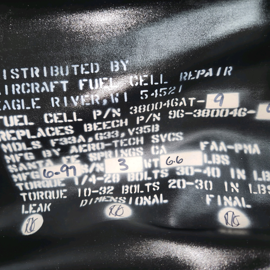 Used aircraft parts for sale, 96-380046-9 Beechcraft 35-33 25-Gallon Main Fuel Cell – LH