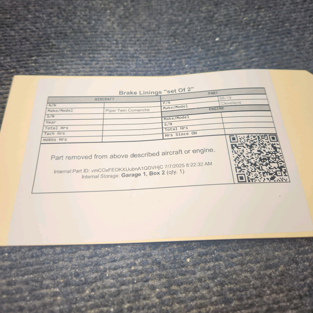 Used aircraft parts for sale, 66-19 Cleveland Piper Twin Comanche Brake Linings "set Of 2"