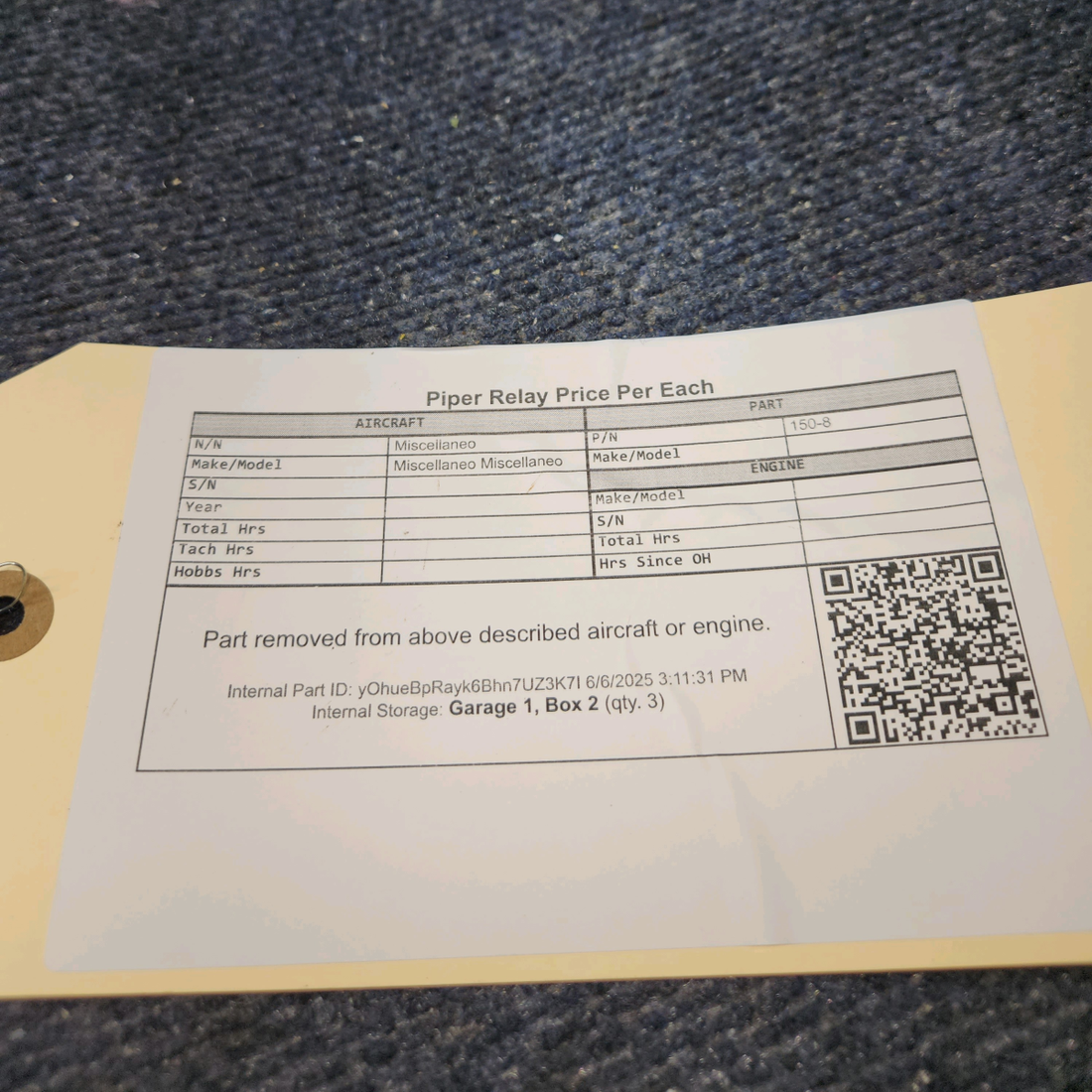 Used aircraft parts for sale, 150-8 Piper PA 12V System Relay Price Per Each