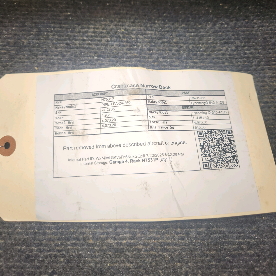 Used aircraft parts for sale, LW-11033 Lycoming O-540-A1D5 PIPER PA-24-250 Crankcase Narrow Deck