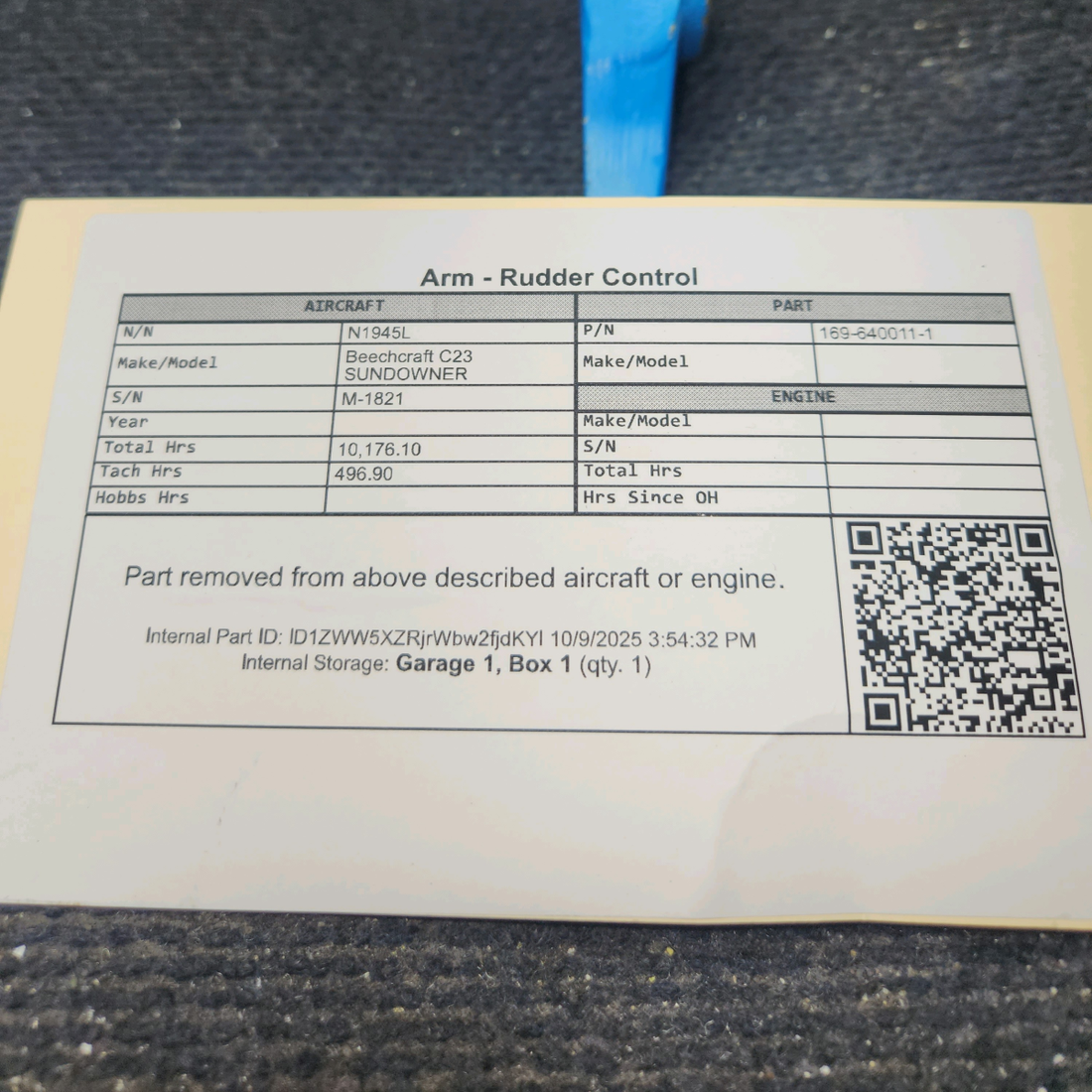 Used aircraft parts for sale, 169-640011-1 Beechcraft C23 SUNDOWNER Rudder Control Arm