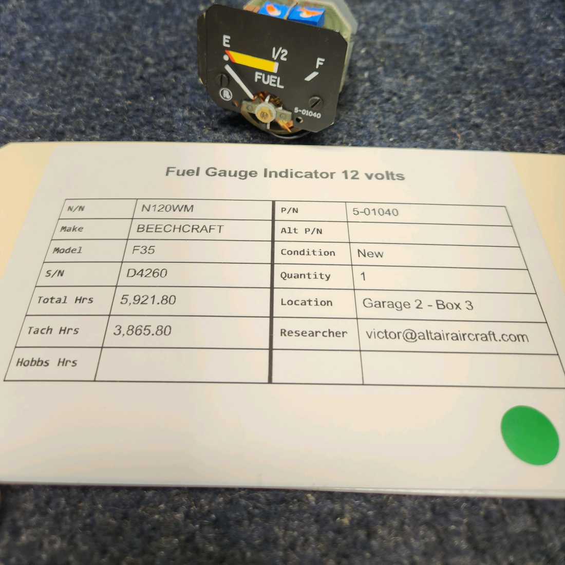 Used aircraft parts for sale, 5-01040 BEECHCRAFT F35 FUEL GAUGE INDICATOR 12 VOLTS